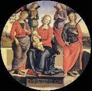 Pietro vannucci called IL perugino The Virgin and the Nino acompanados for two angeles, Holy Rose and Holy Catalina oil painting on canvas